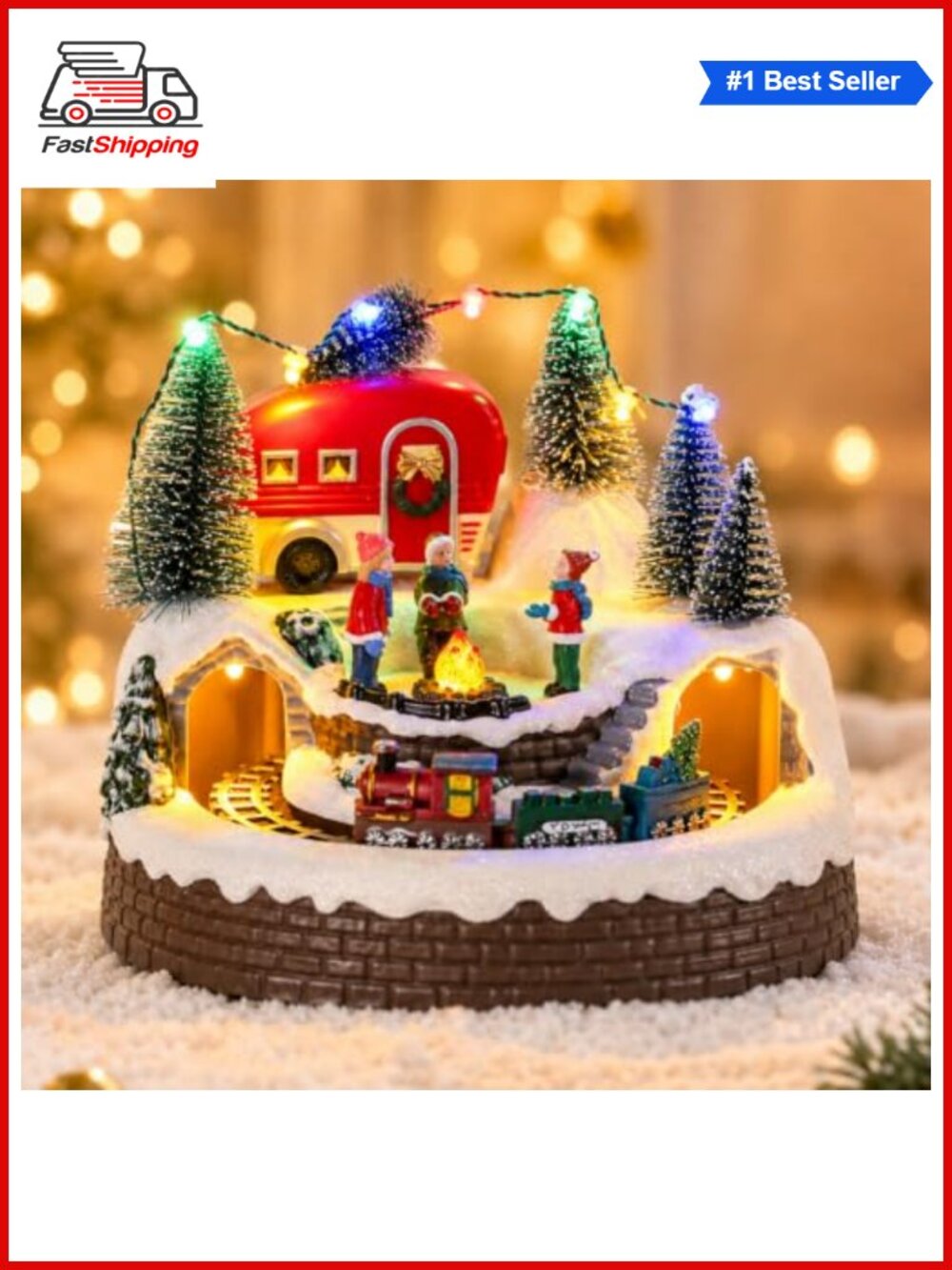 🎅 Animated Christmas Village Houses Rotating Train USB/Battery Tabletop Decor